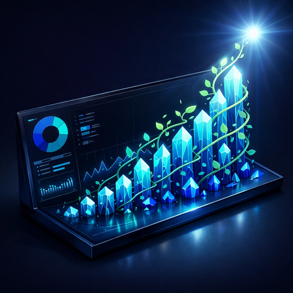 Digital dashboard with upward-growing vines, symbolizing long-term results and content marketing growth.