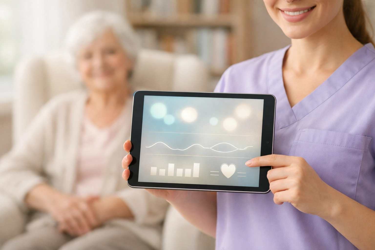 Sarasota caregiver using a tablet for non-invasive health monitoring in a senior living facility.