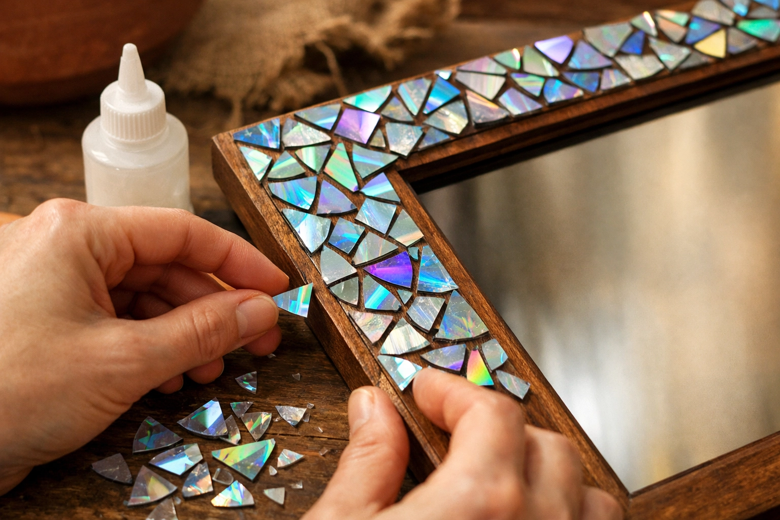 Broken CD/DVD pieces being arranged into a mosaic border on a photo frame or mirror edge