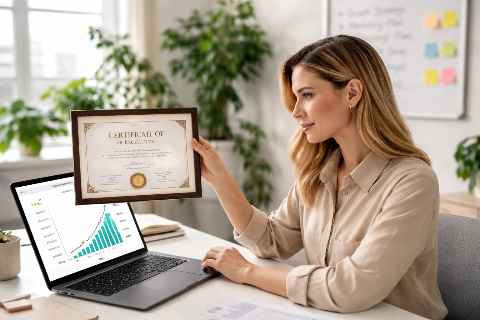 Small business owner analyzing ISO 9001 certification and quality metrics at a modern office desk