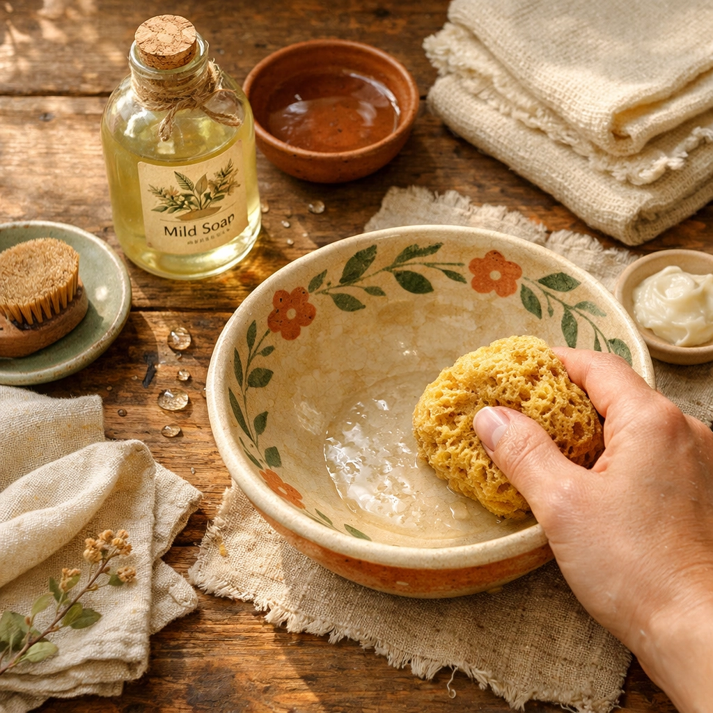 Hand-washing handmade ceramic bowl with natural sponge and mild soap on wooden table