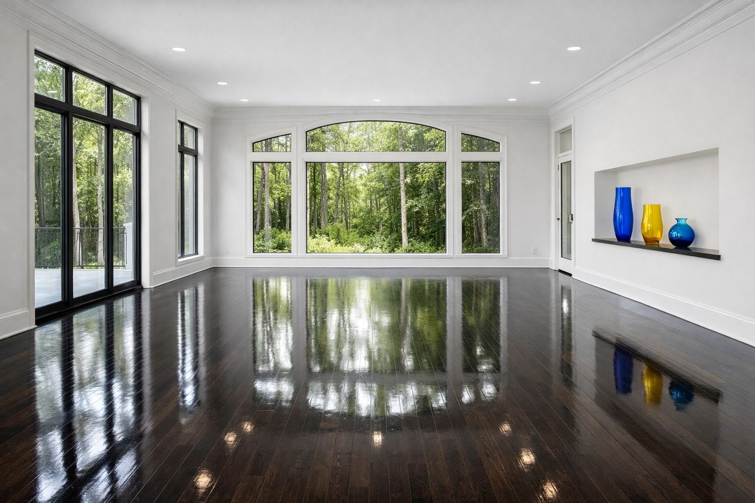 Polished hardwood floors in a vacant estate following luxury house cleaning in Dover MA.
