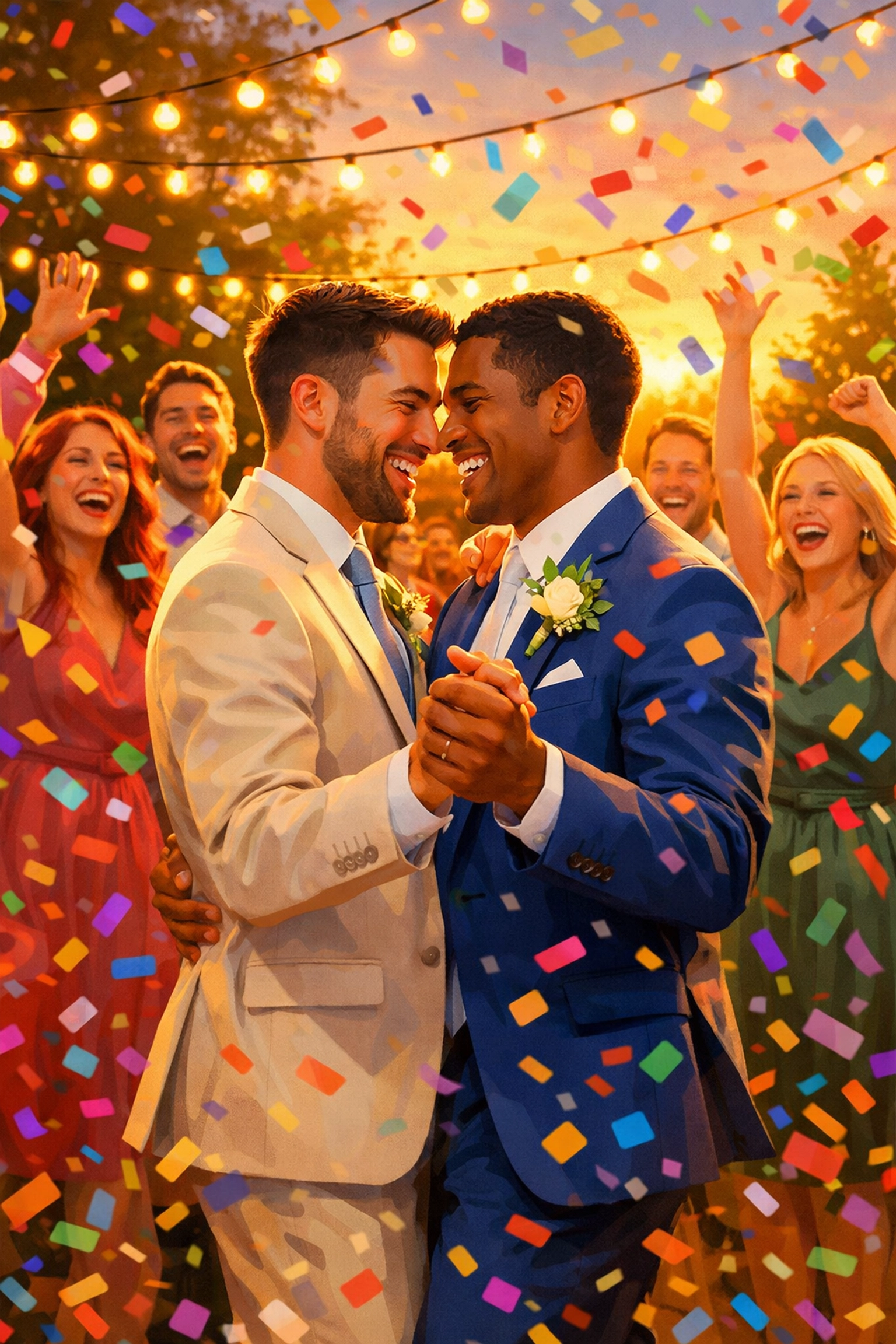Gay wedding celebration with two men dancing under lights symbolizing happy endings in queer stories