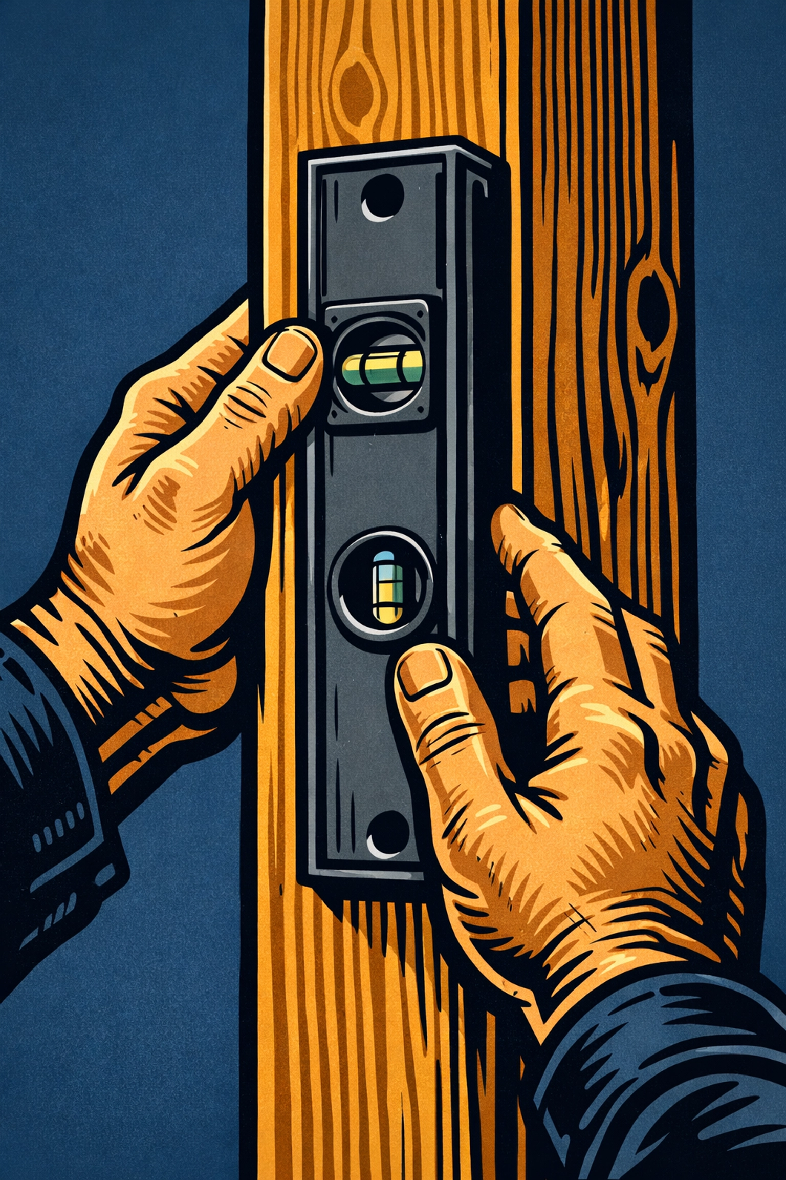 Veteran handyman using a spirit level for precise structural home maintenance.