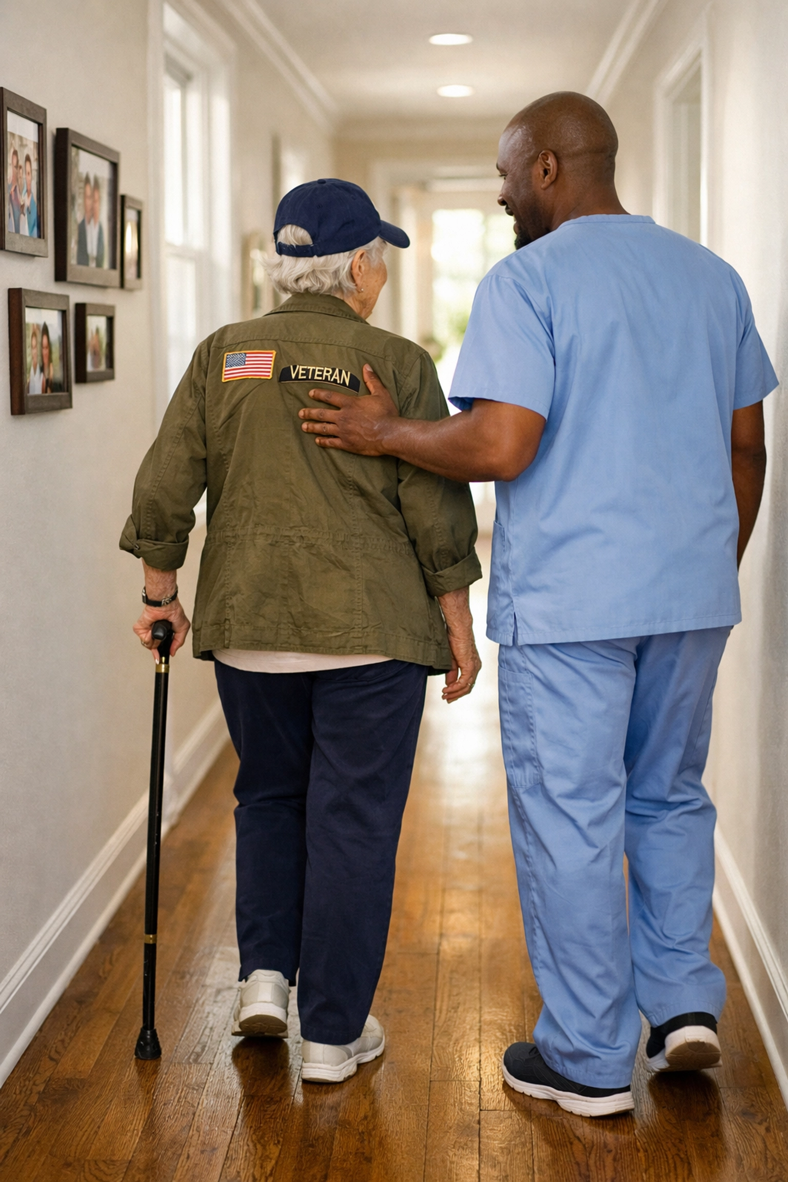 Veteran maintaining independence with caregiver support walking in home hallway