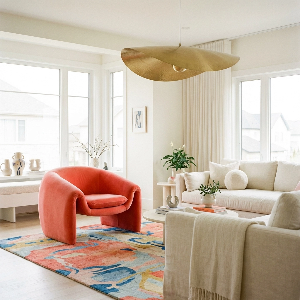 Balanced maximalism living room with neutral tones and a bold coral armchair — maximalist designer furniture moment and luxury statement piece within bold modern decor