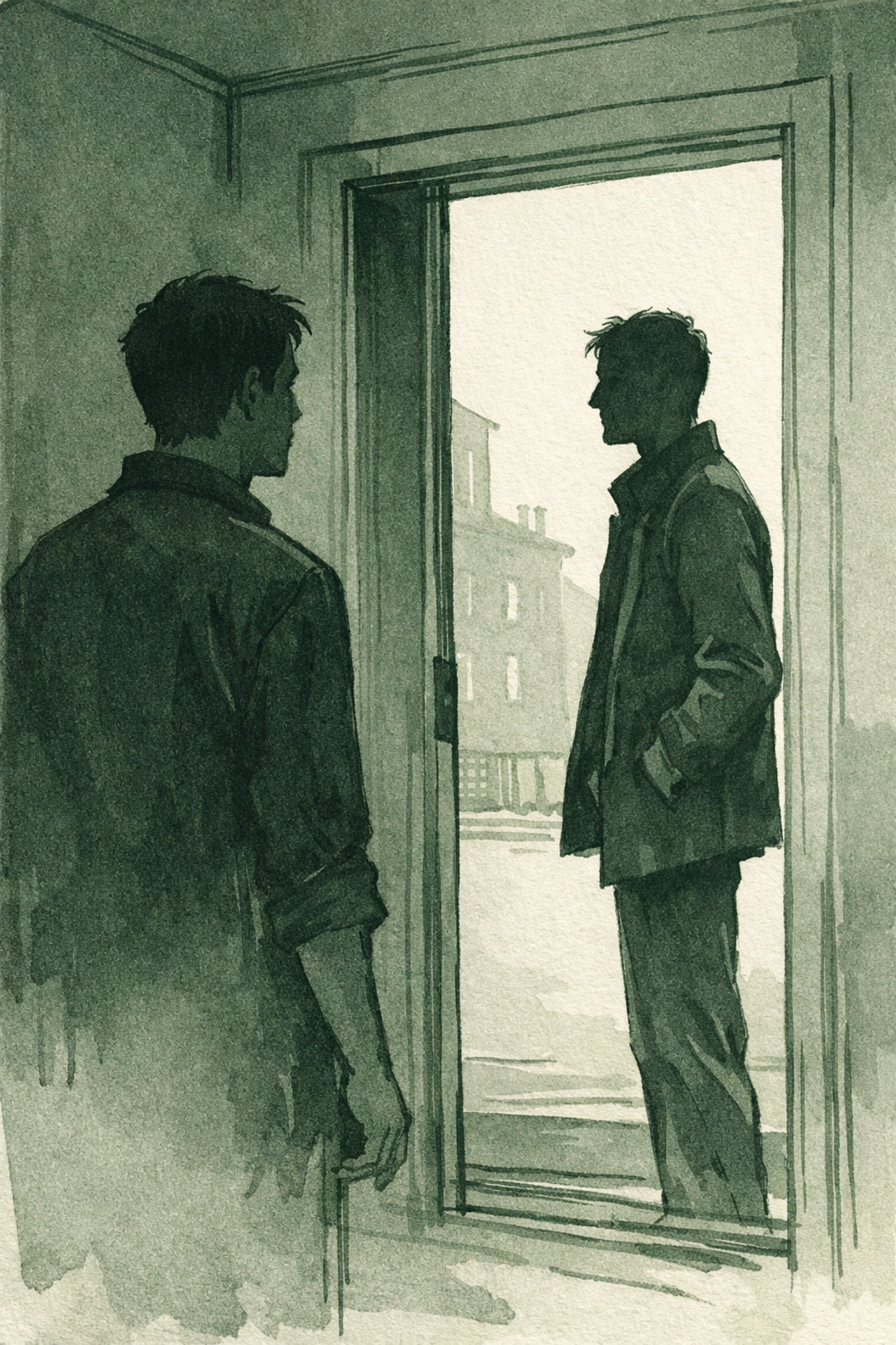 Men separated by doorway threshold representing barriers in forbidden MM relationships