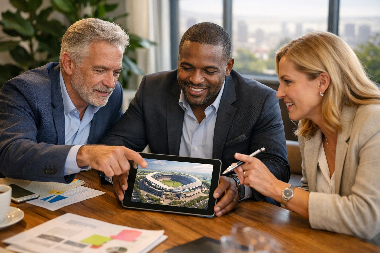 Strategic consulting team at Dakdan Worldwide reviewing a digital stadium render for sports media innovation.