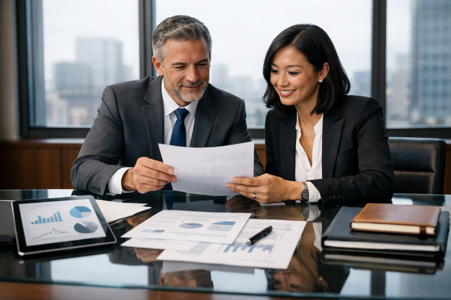 Business professionals reviewing sale transaction documents in Mississippi