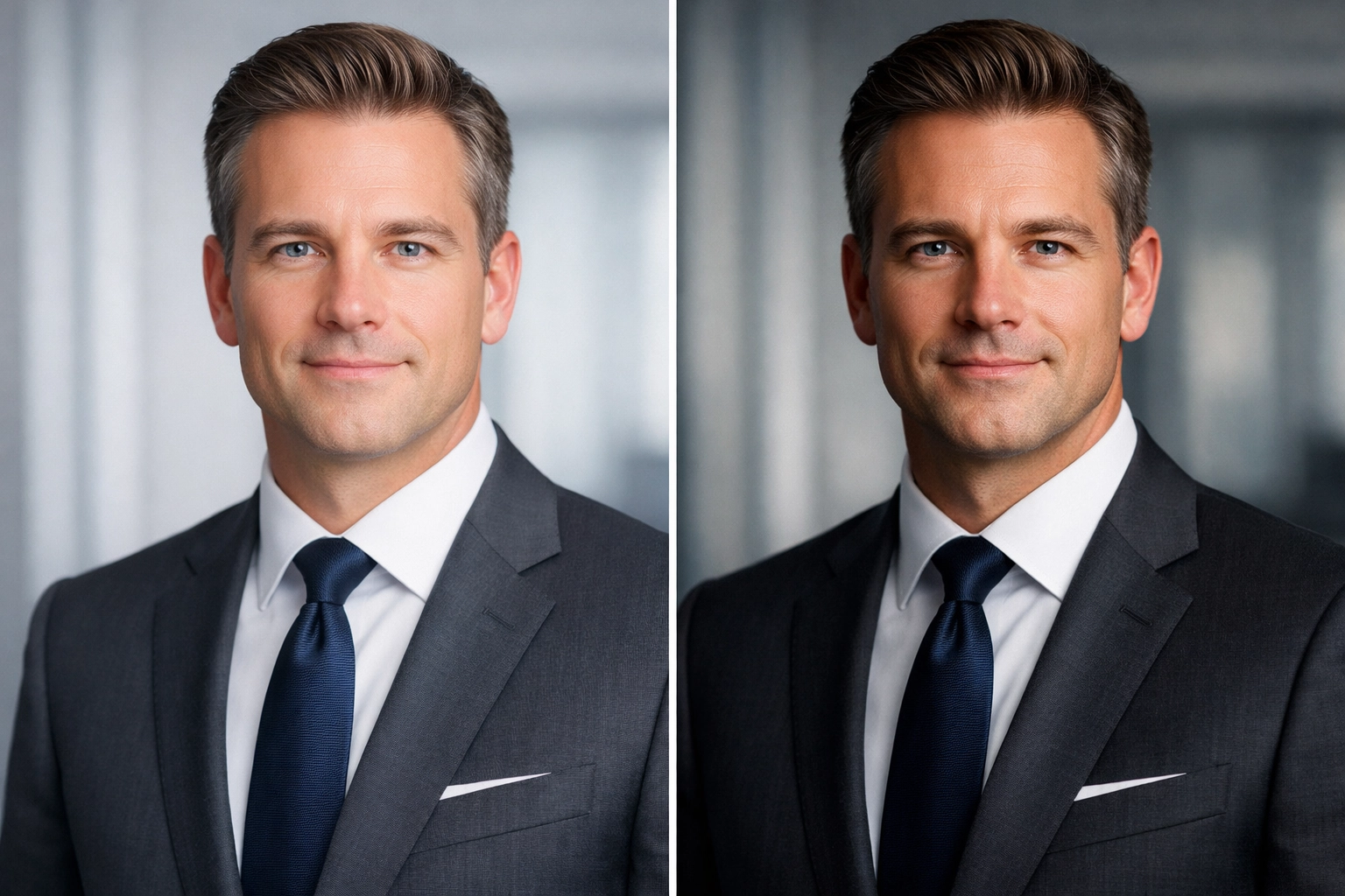 Comparison of 1:1 and 2:1 ratios showing the best lighting for executive portraits and facial depth.