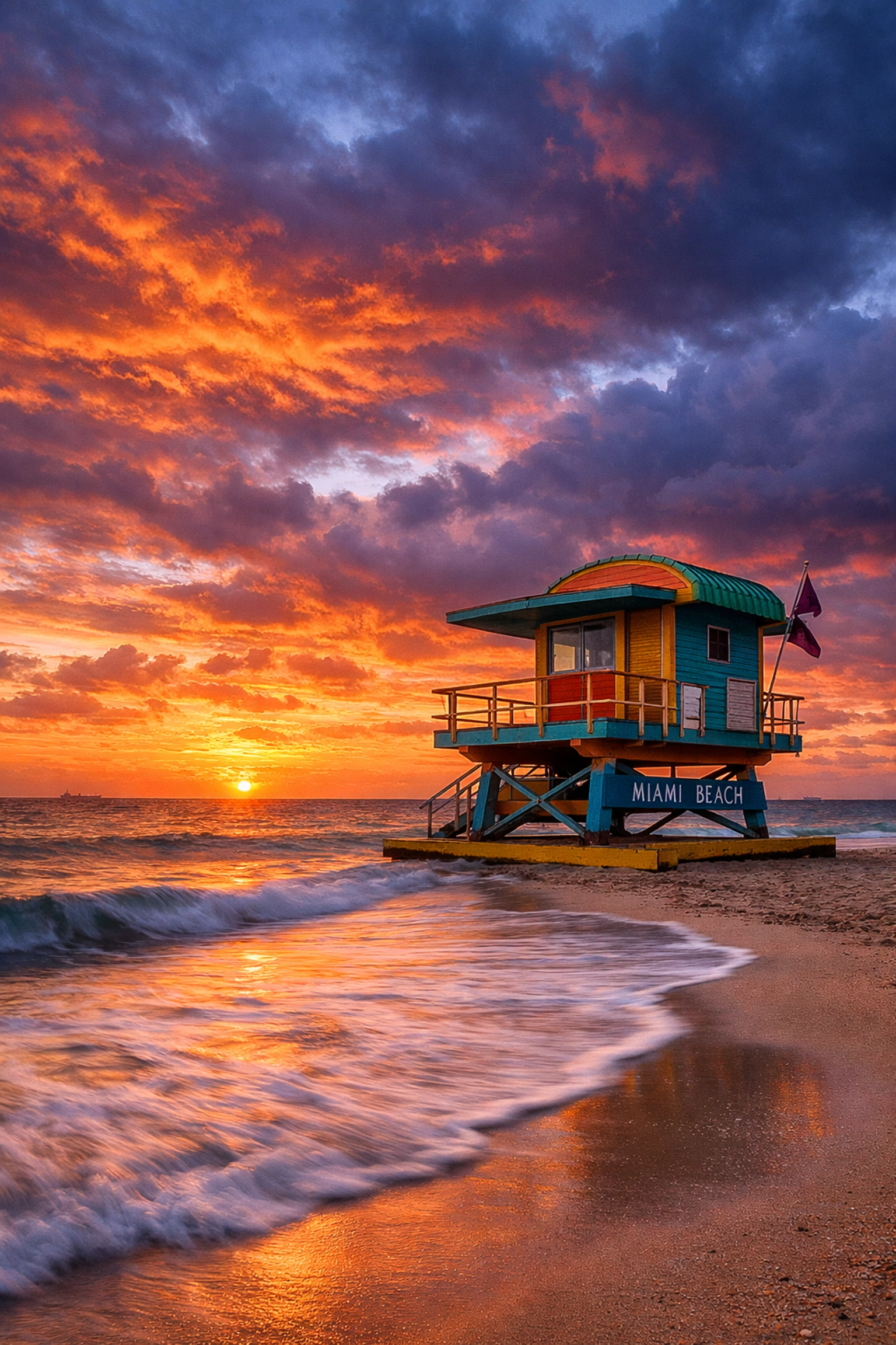 Serene fine art photography of a Miami Beach sunrise and lifeguard tower to elevate luxury brand visual marketing.