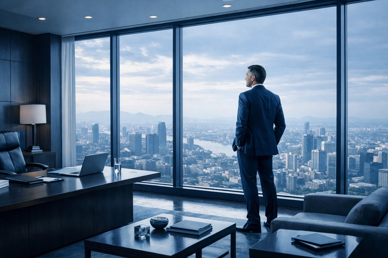 Successful business leader looking at the city after scaling their company to a $10M valuation.