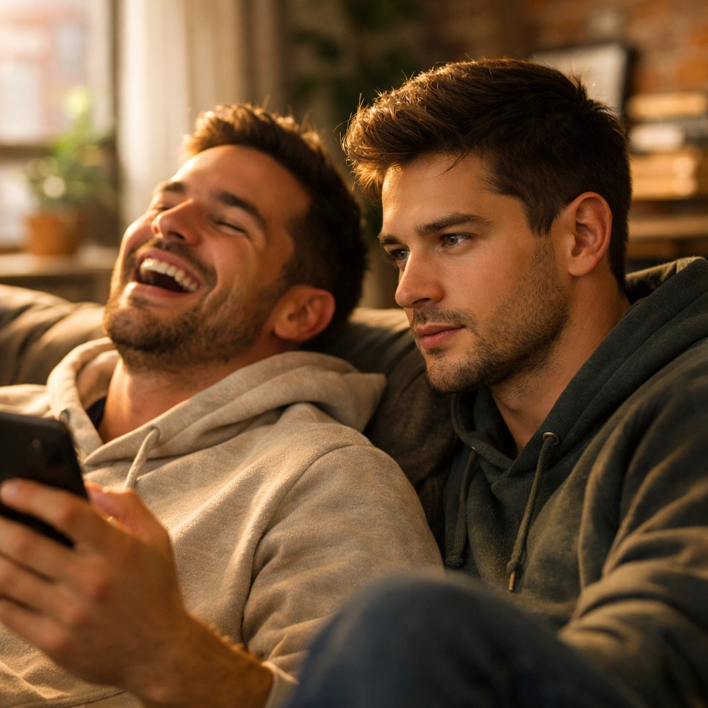 Man looking at his best friend with romantic realization in a gay awakening MM romance scene.