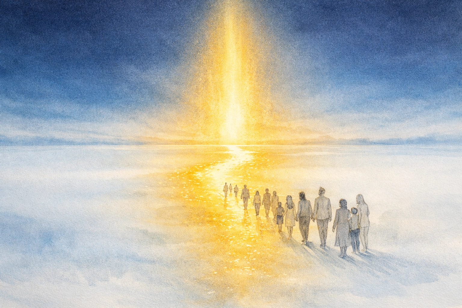 A golden path leading diverse people toward the light of God's sacrificial agape love.