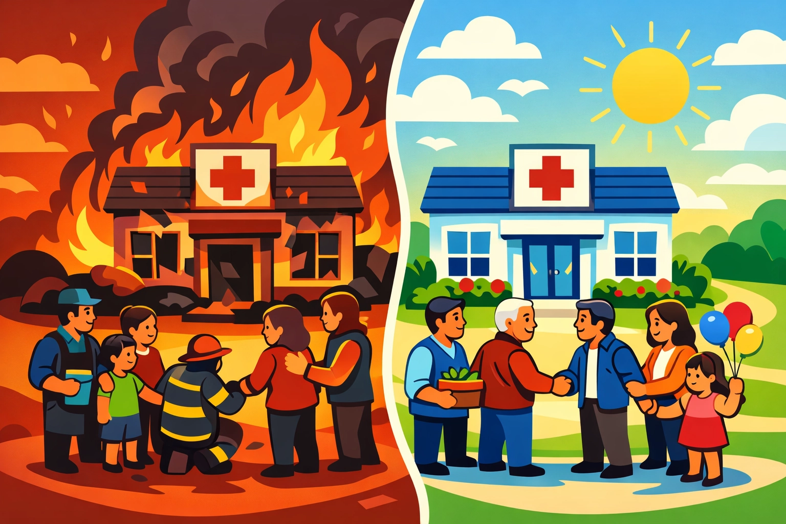 Promise Pediatrics Ringgold clinic before and after fire with community members showing support