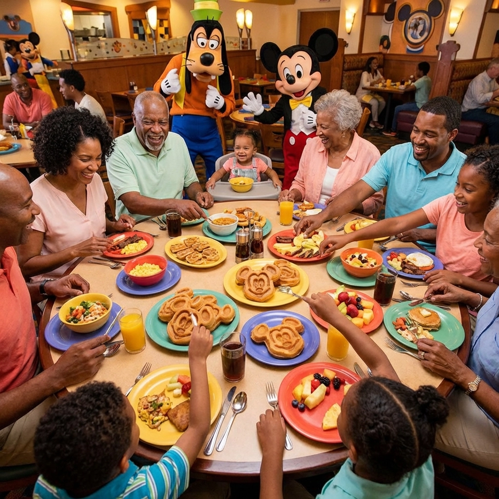 Family enjoying Disney character dining experience with Mickey-shaped waffles and meal