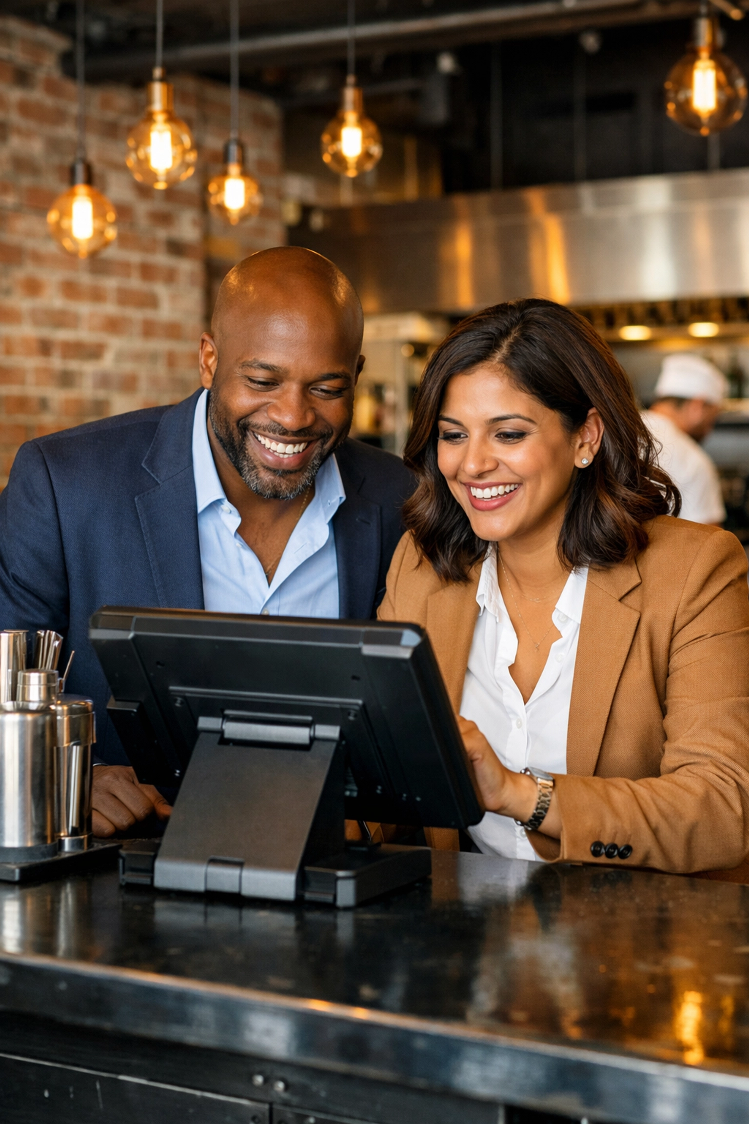 Restaurant owners using a touchscreen Epos Now till system in a modern hospitality setting.