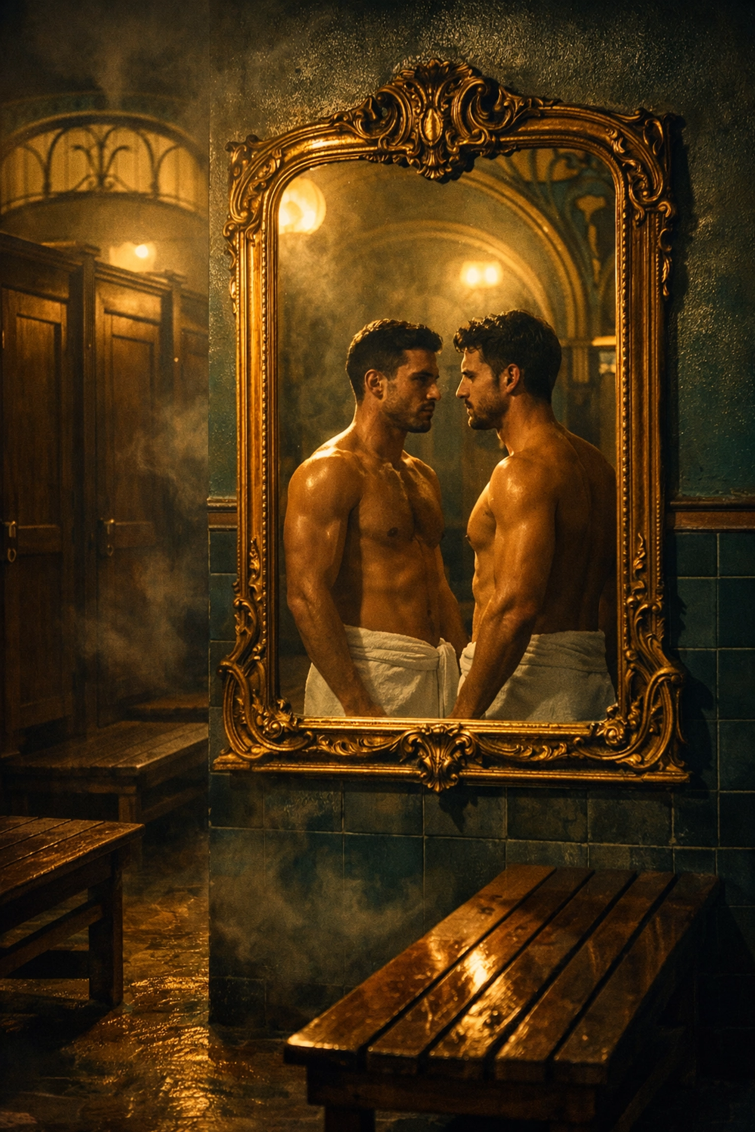 Two men making eye contact in ornate changing room mirror at historic Gellért Baths Budapest