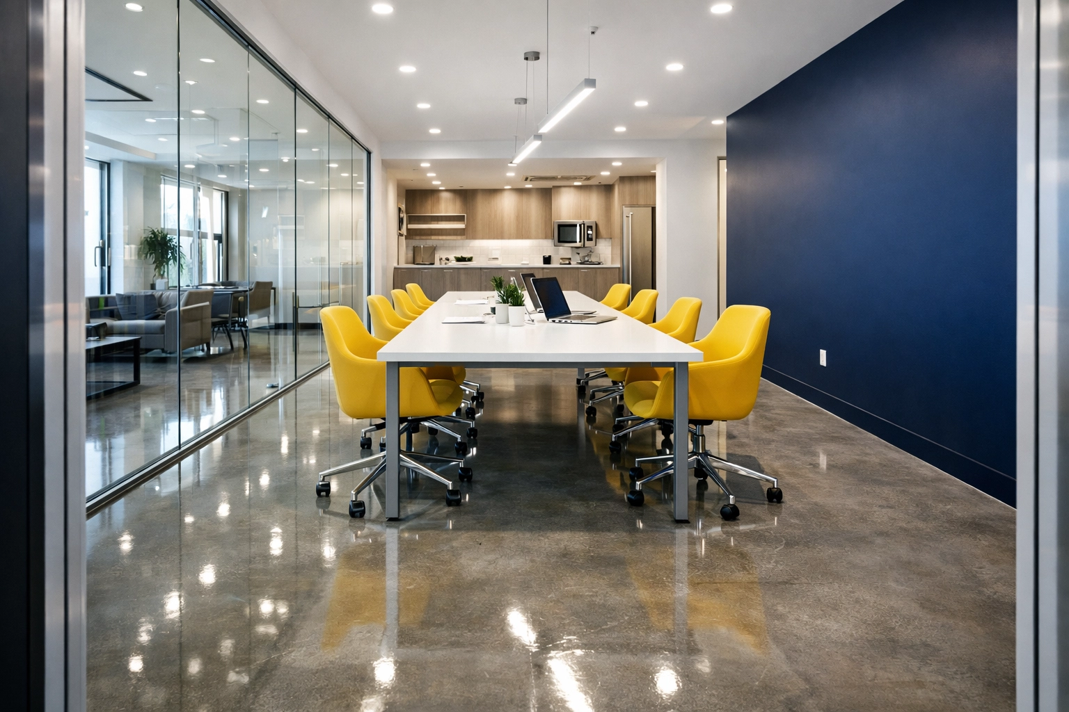 Sanitized modern office in Lincoln with polished floors, perfect for professional commercial cleaning services.