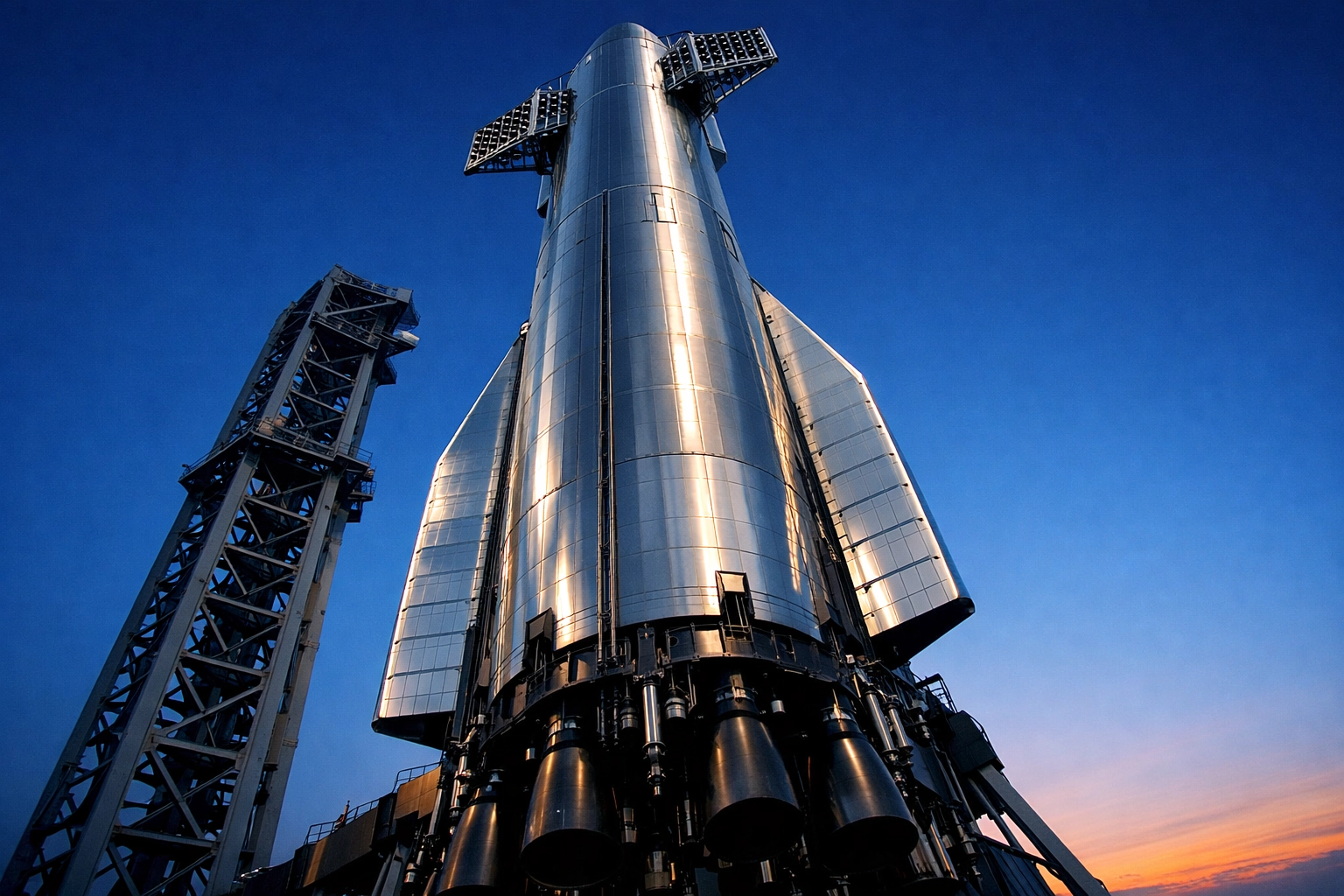 A massive stainless steel Starship booster standing on a launchpad against a clear dawn sky.
