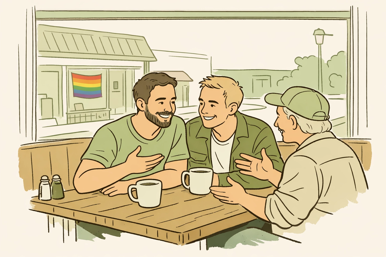 Two men finding LGBTQ+ community in small-town diner with Pride flag in window