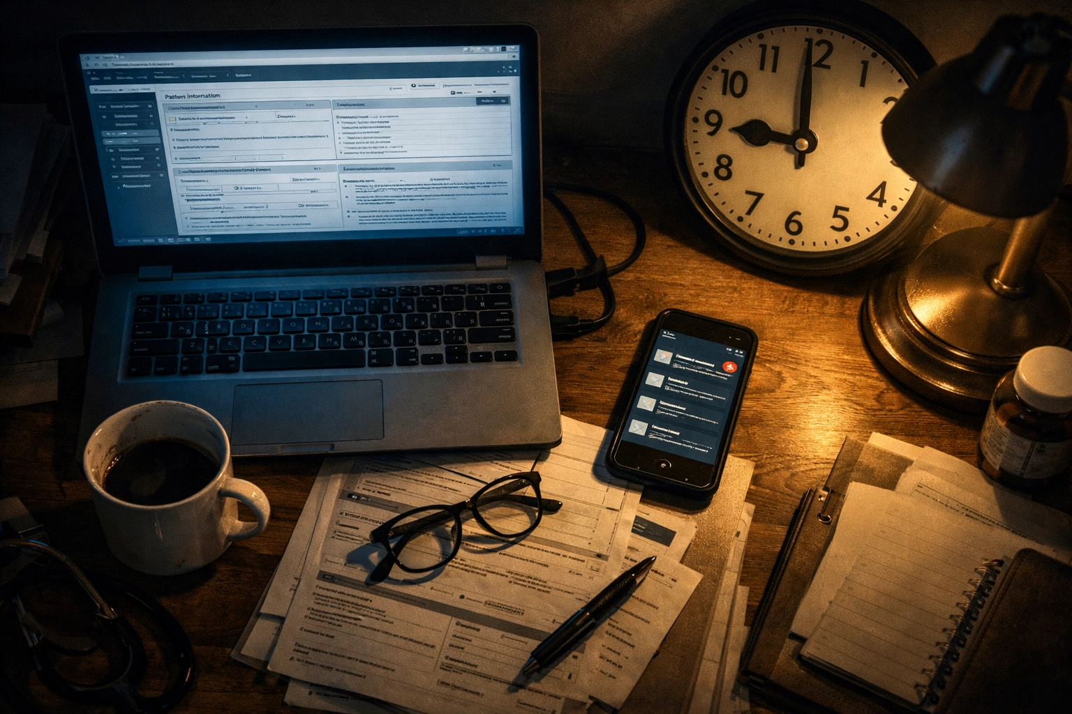 Healthcare provider working late at night showing burnout from overwork and long hours