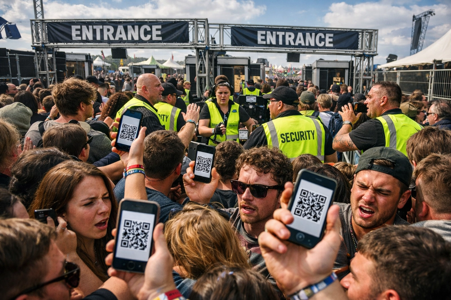 Crowded festival entrance gates with ticketing system delays creating dangerous bottlenecks