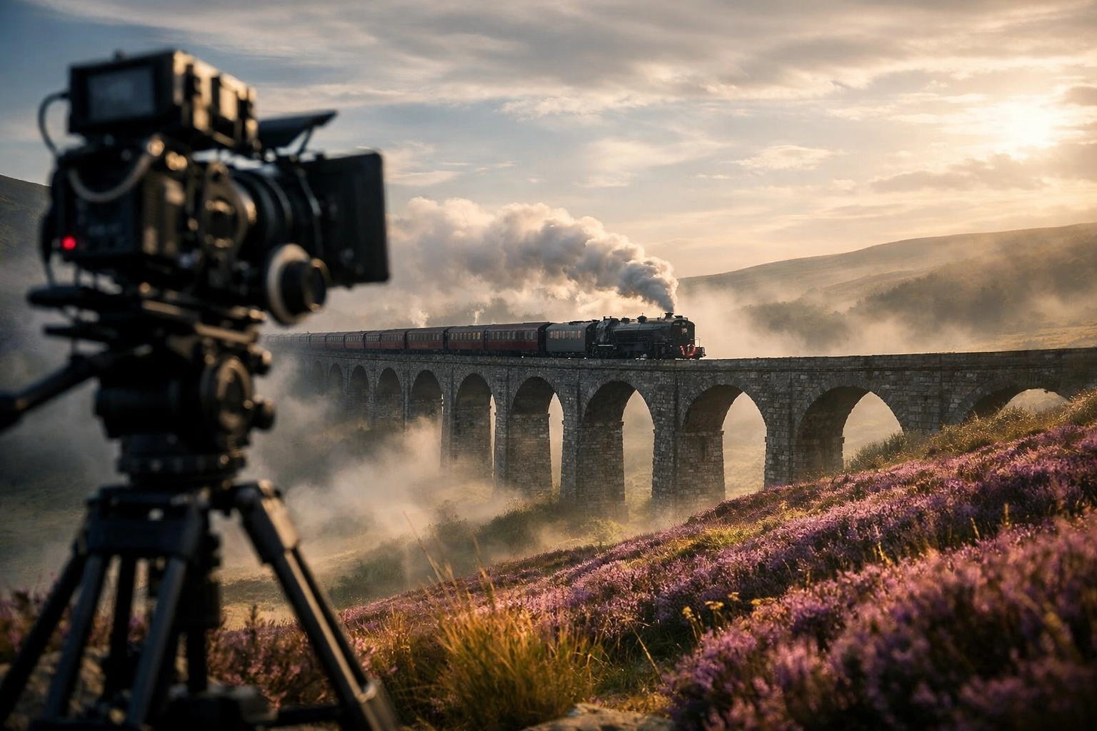 Film camera capturing a steam train on a Yorkshire viaduct, highlighting the region's cinematic history.