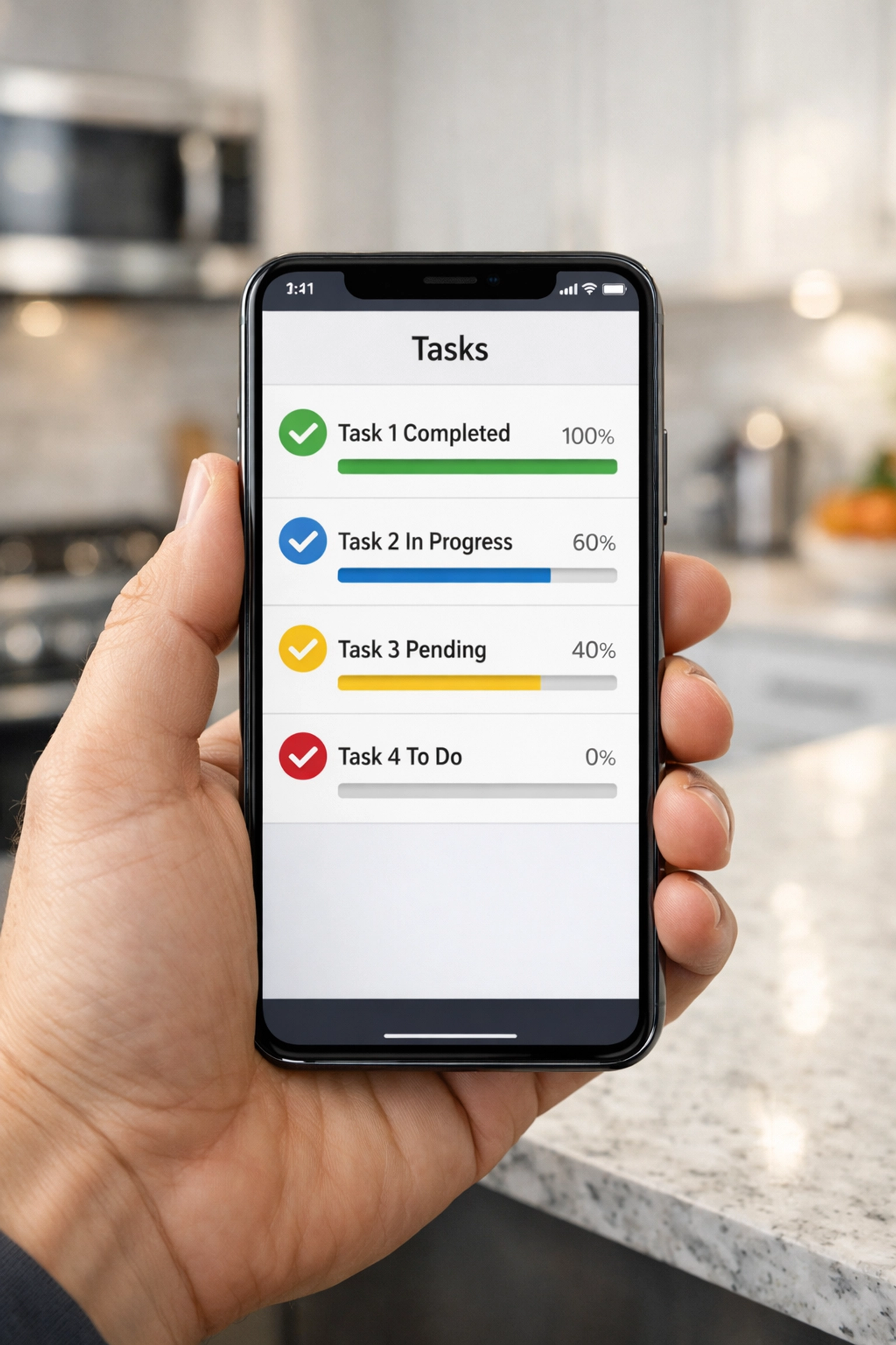 Digital apartment turnover checklist on a smartphone in a spotless modern kitchen.