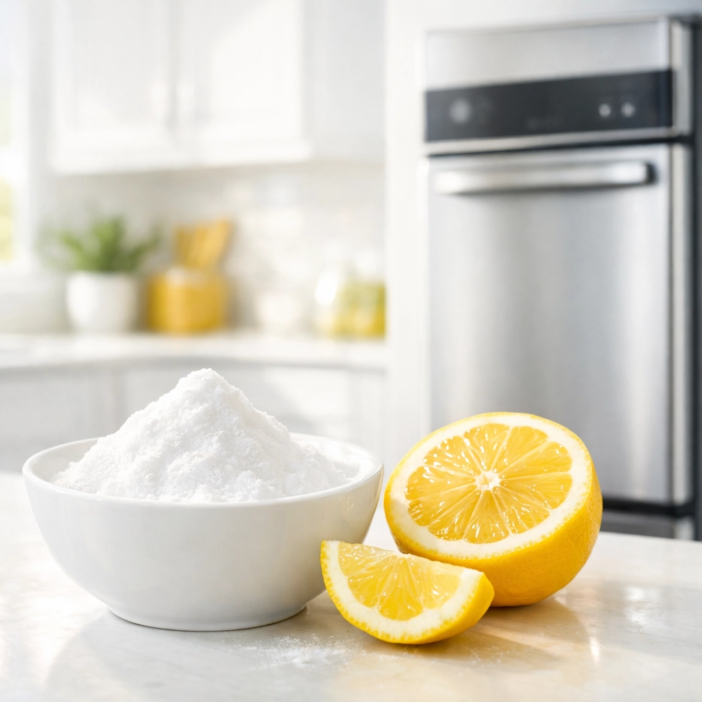 Baking soda and lemon for natural trash compactor odor control on a kitchen counter.