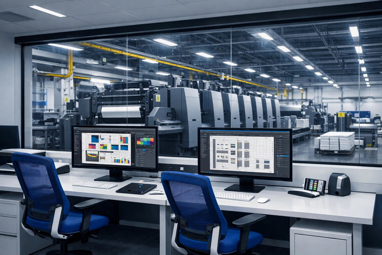 Modern, dust-free pre-press design suite overlooking a high-tech industrial printing facility floor.