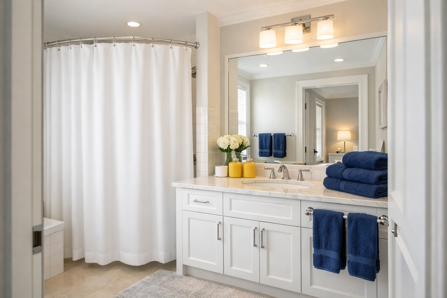 A pristine, professionally cleaned luxury bathroom with a spotless shower and vanity.
