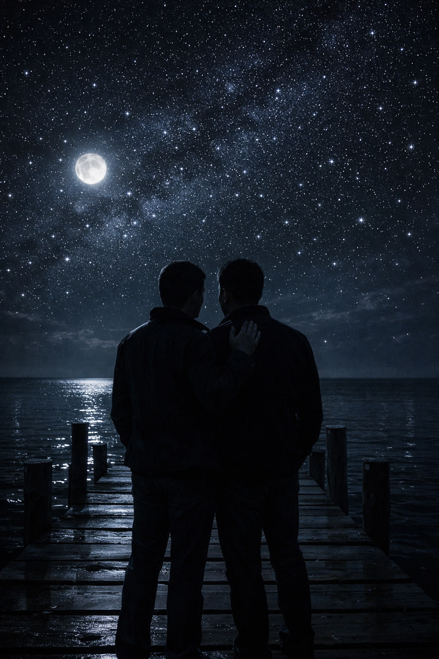 Two men sharing intimate moment on midnight pier under stars - MM romance liminal space