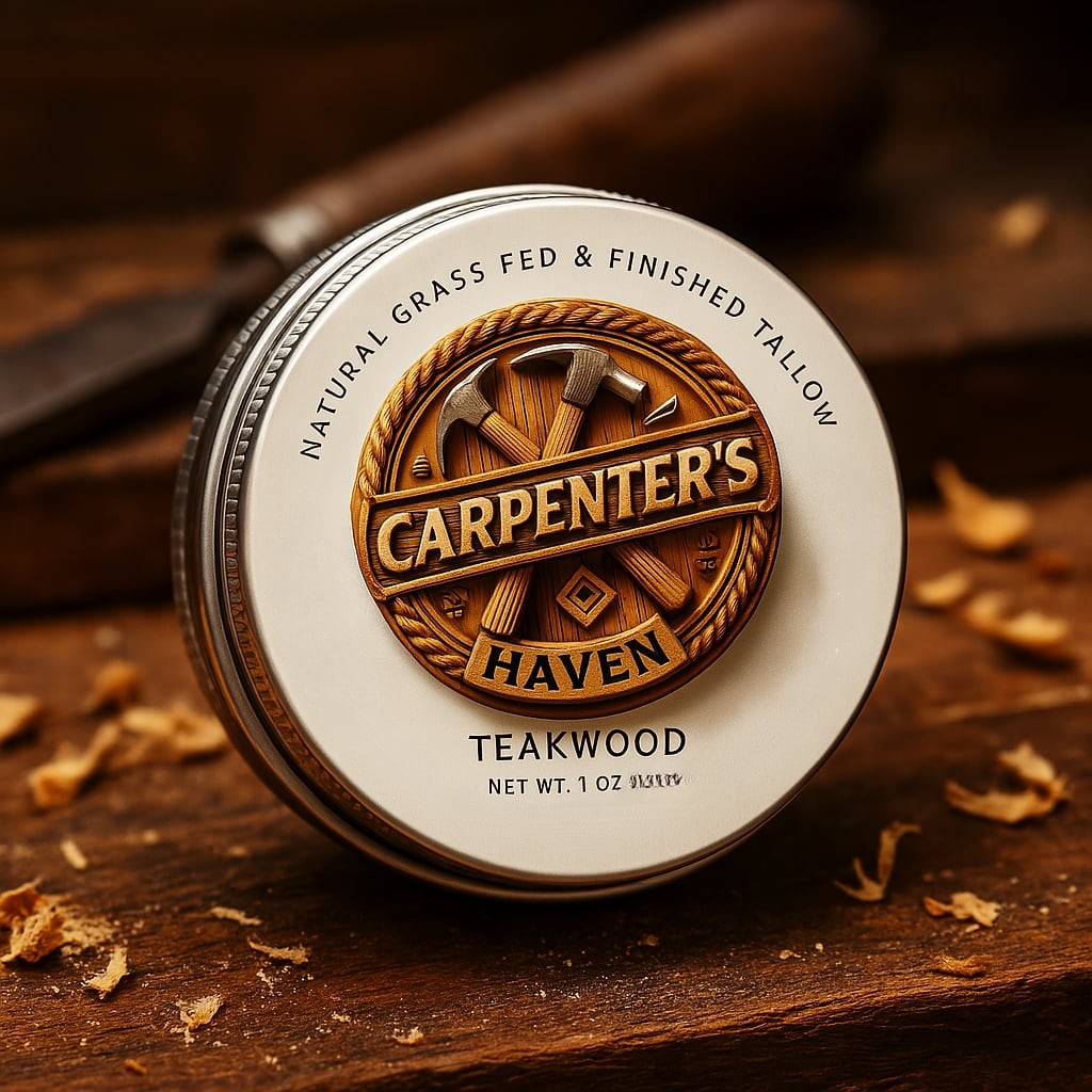Carpenter's Haven tin on a rustic wooden surface with wood shavings and tools
