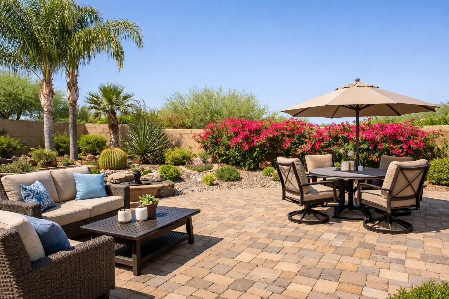 A clean, pest-free backyard patio in Chandler, AZ, showcasing the results of expert pest protection.