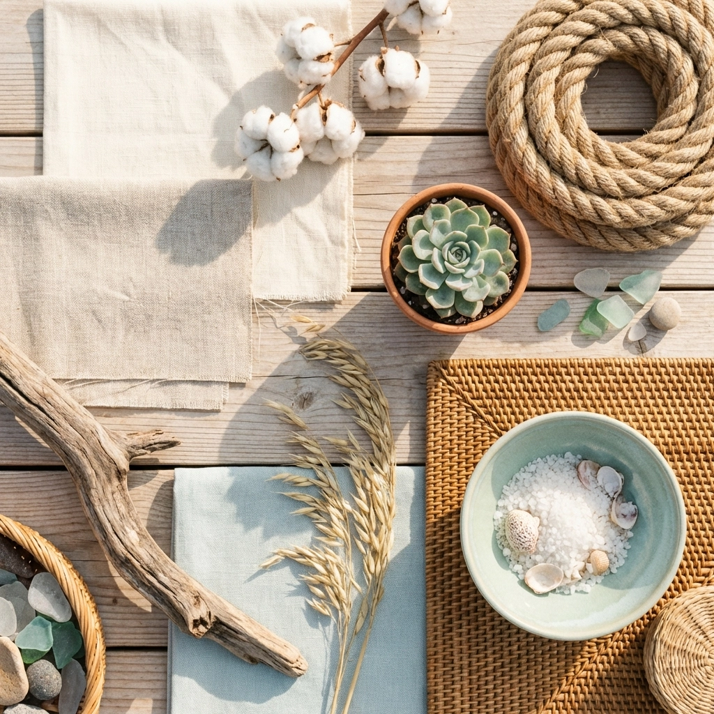 California coastal material textures including linen, jute, driftwood, rattan, and ceramics flat lay