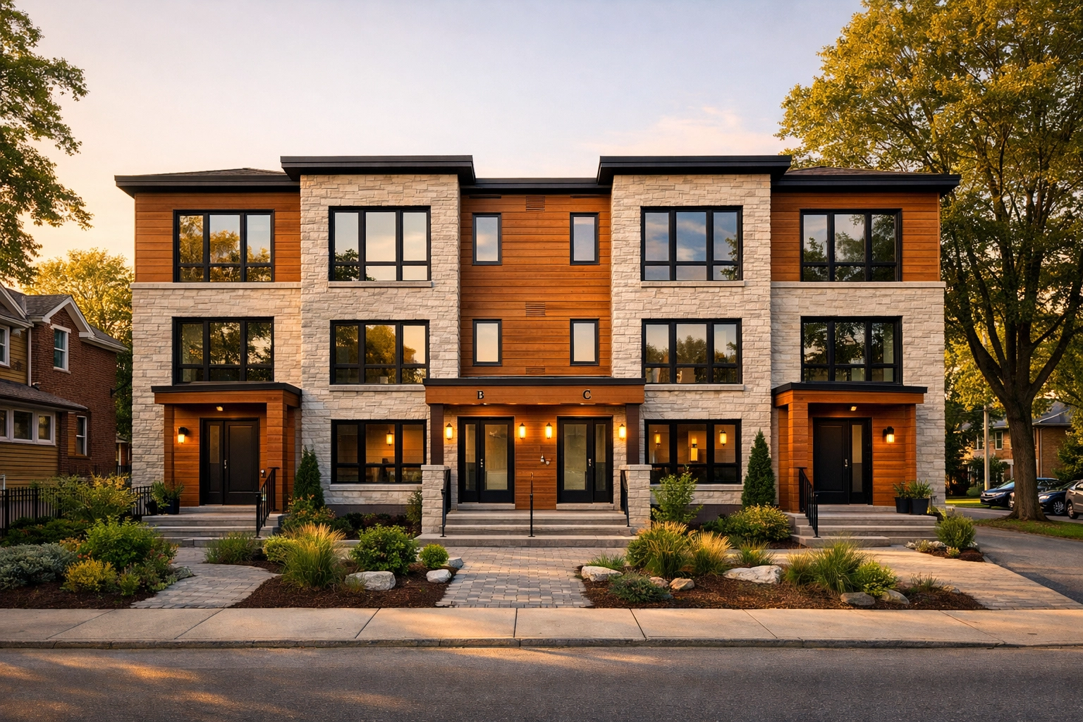 Modern fourplex in a Kitchener neighbourhood illustrating missing middle housing and real estate value.