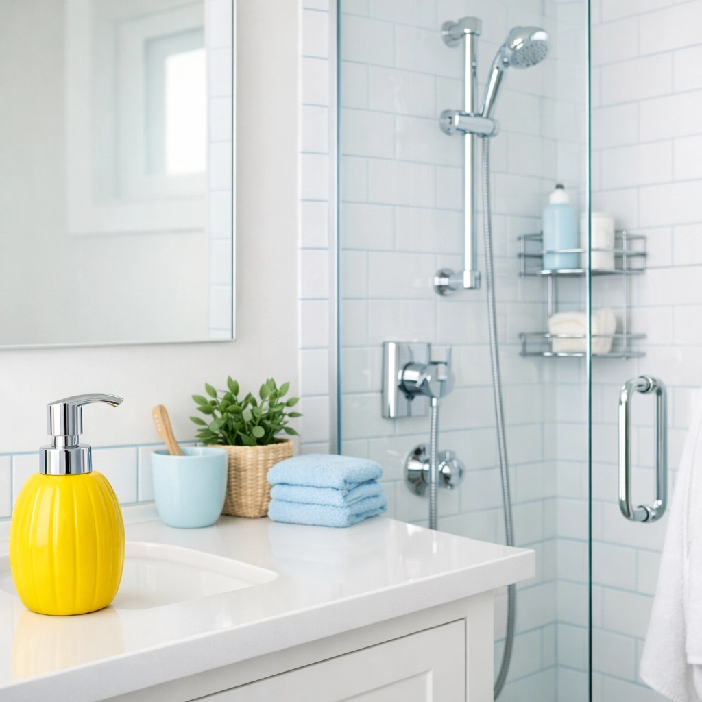 Sparkling clean bathroom with white tiles and glass doors after an eco-friendly Boston apartment move-out cleaning.