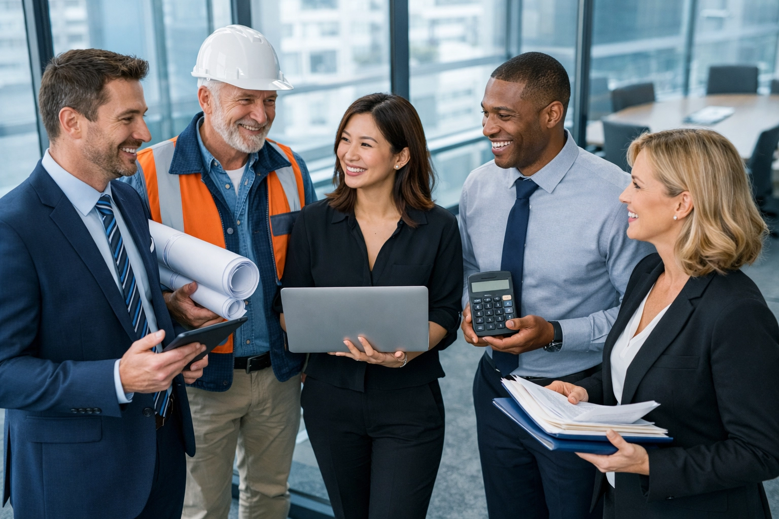 Real estate professionals collaborating in conference room - title officer, mortgage broker, and attorney