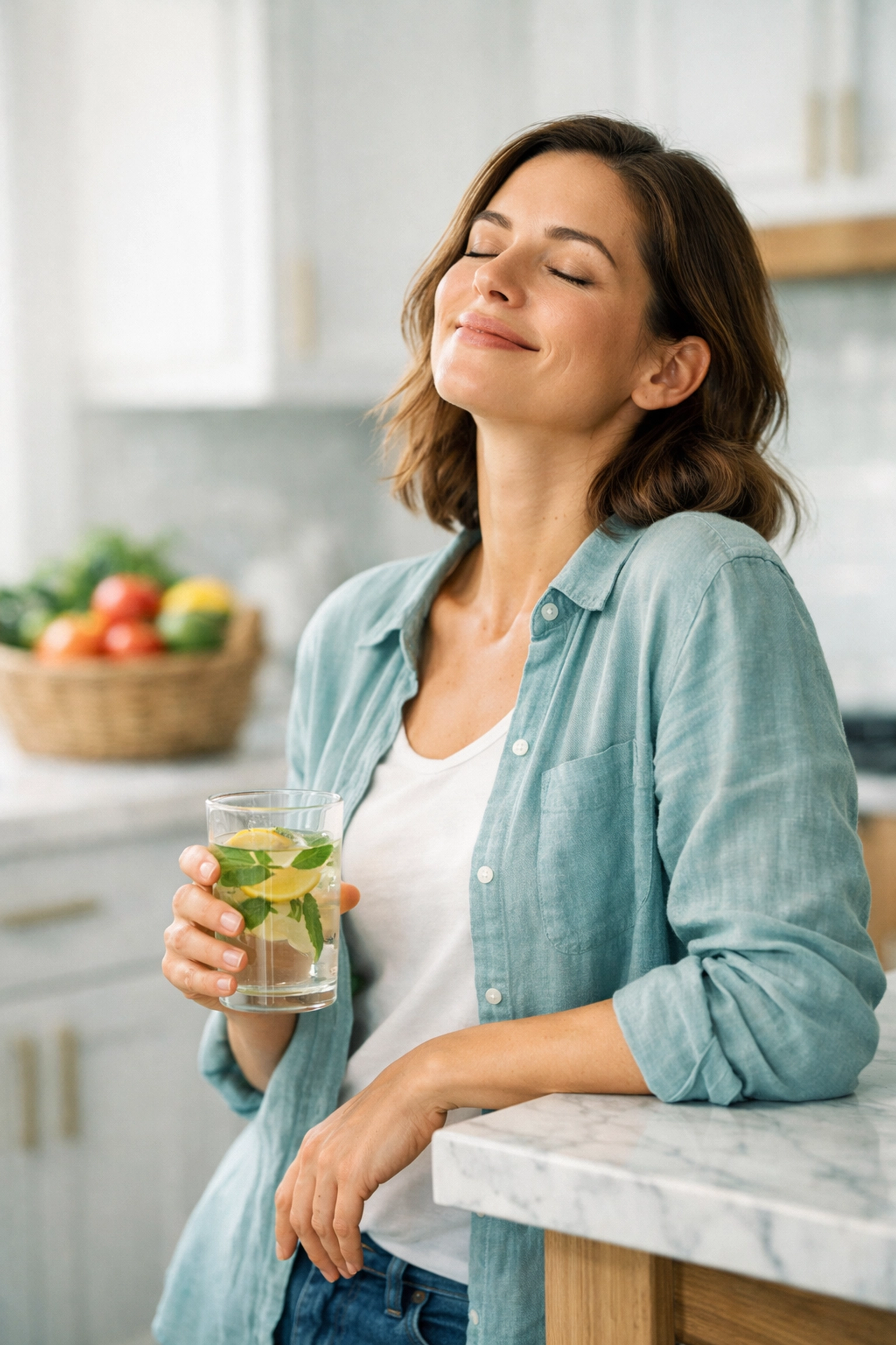 A person experiencing IBS relief and improved well-being in a kitchen, representing the gut-brain connection.
