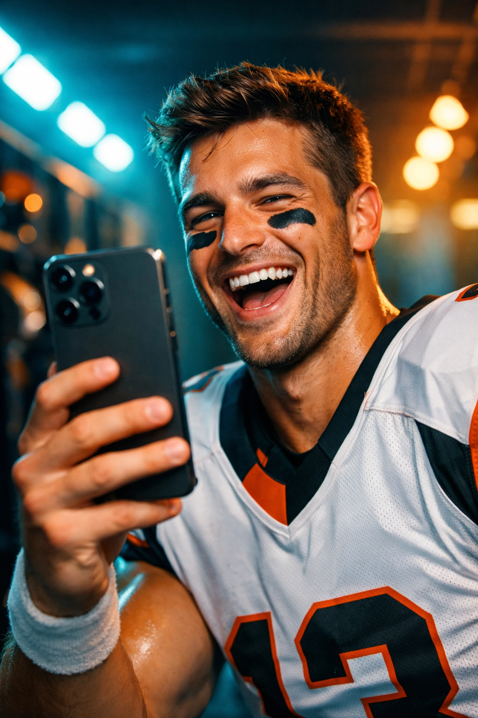 Charismatic student-athlete creating high-engagement social media content in a modern locker room.