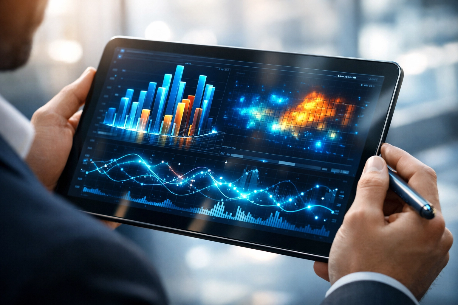 Professional analyzing real-time DOOH campaign analytics on a tablet dashboard in an office.