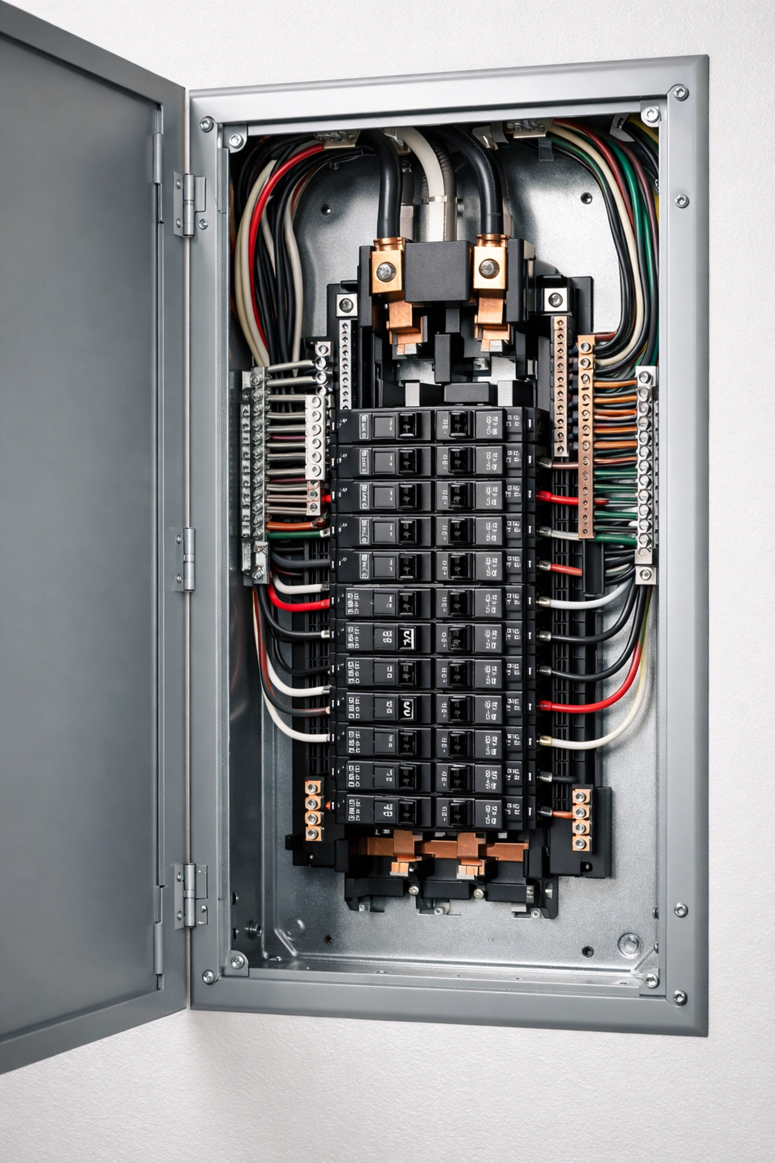 Modern circuit breaker panel with organized wiring and switches for an electrical panel upgrade.
