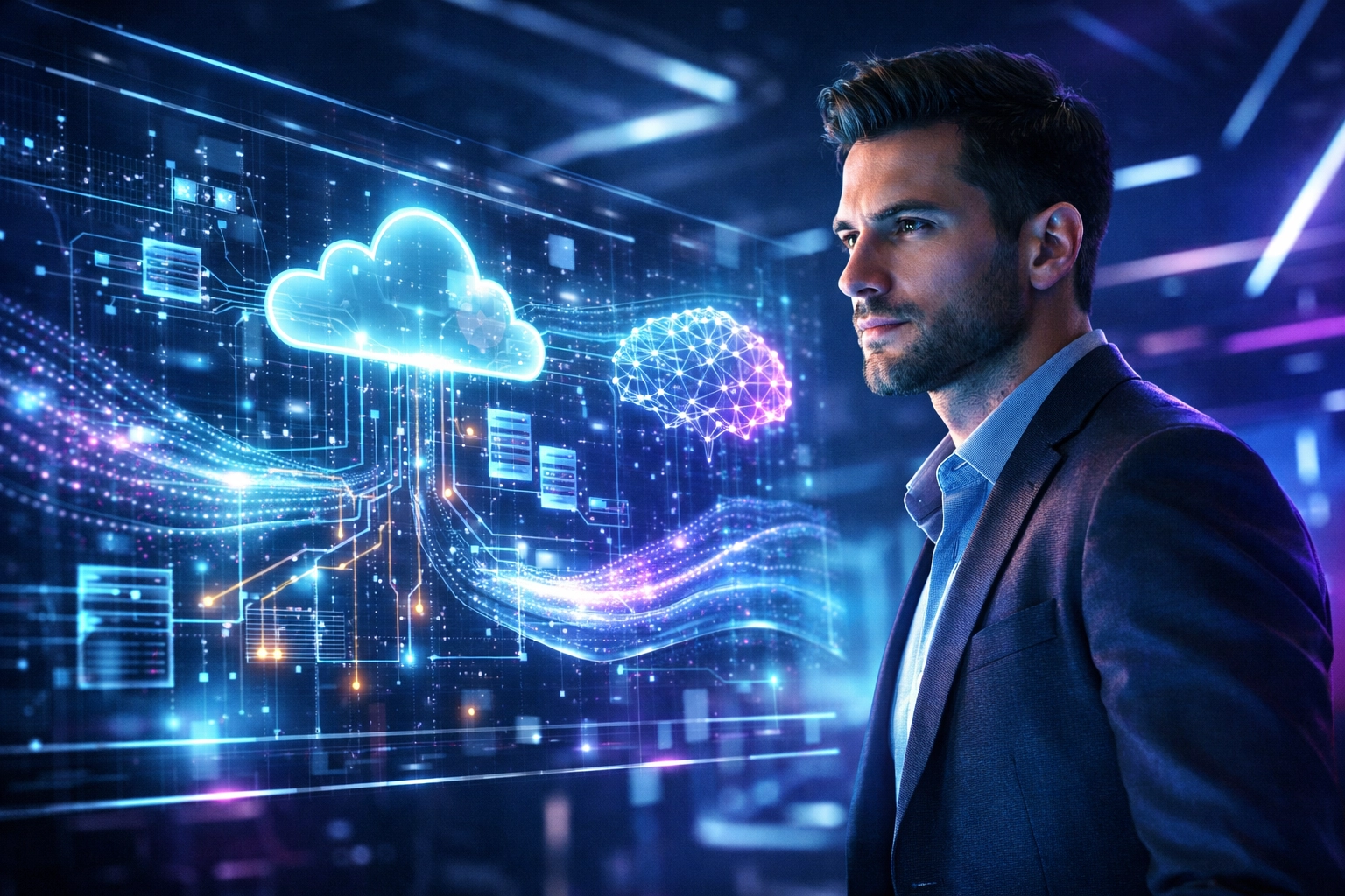 Young adult professional mastering AI and cloud literacy through an immersive high-tech digital interface.