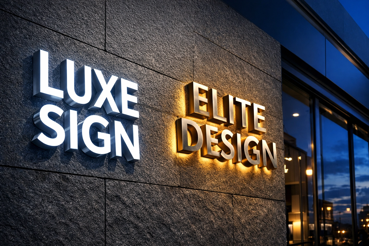 Front-lit and halo-lit channel letter signs for a Dallas storefront at night.