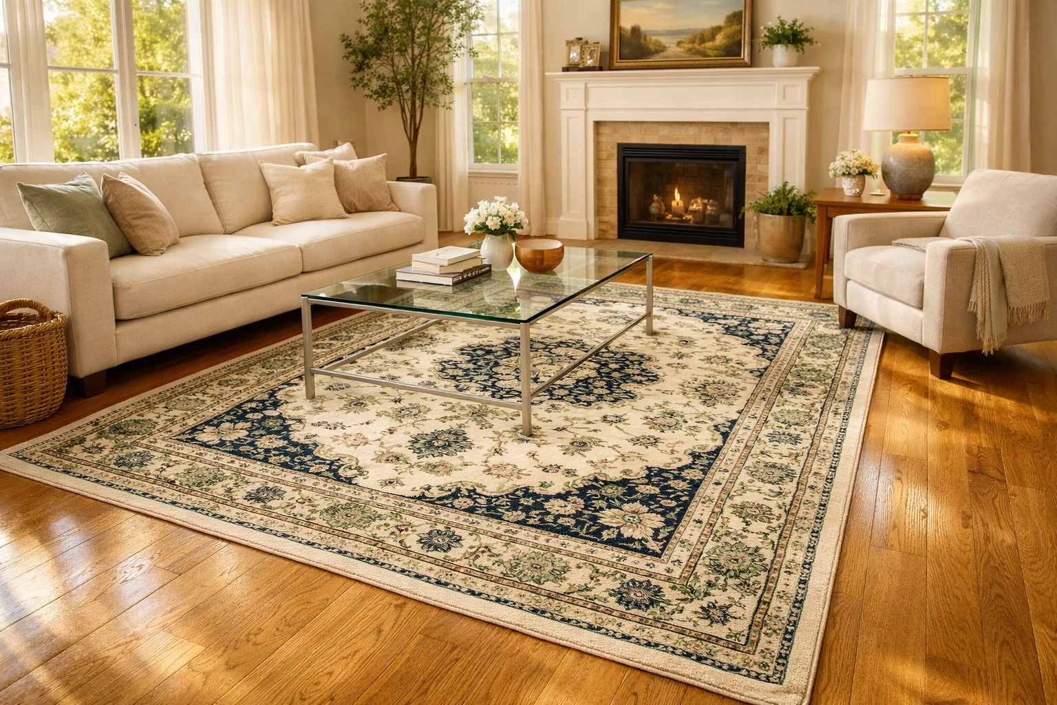 A clean and vibrant Persian rug styled in a bright Knoxville living room with modern furniture.