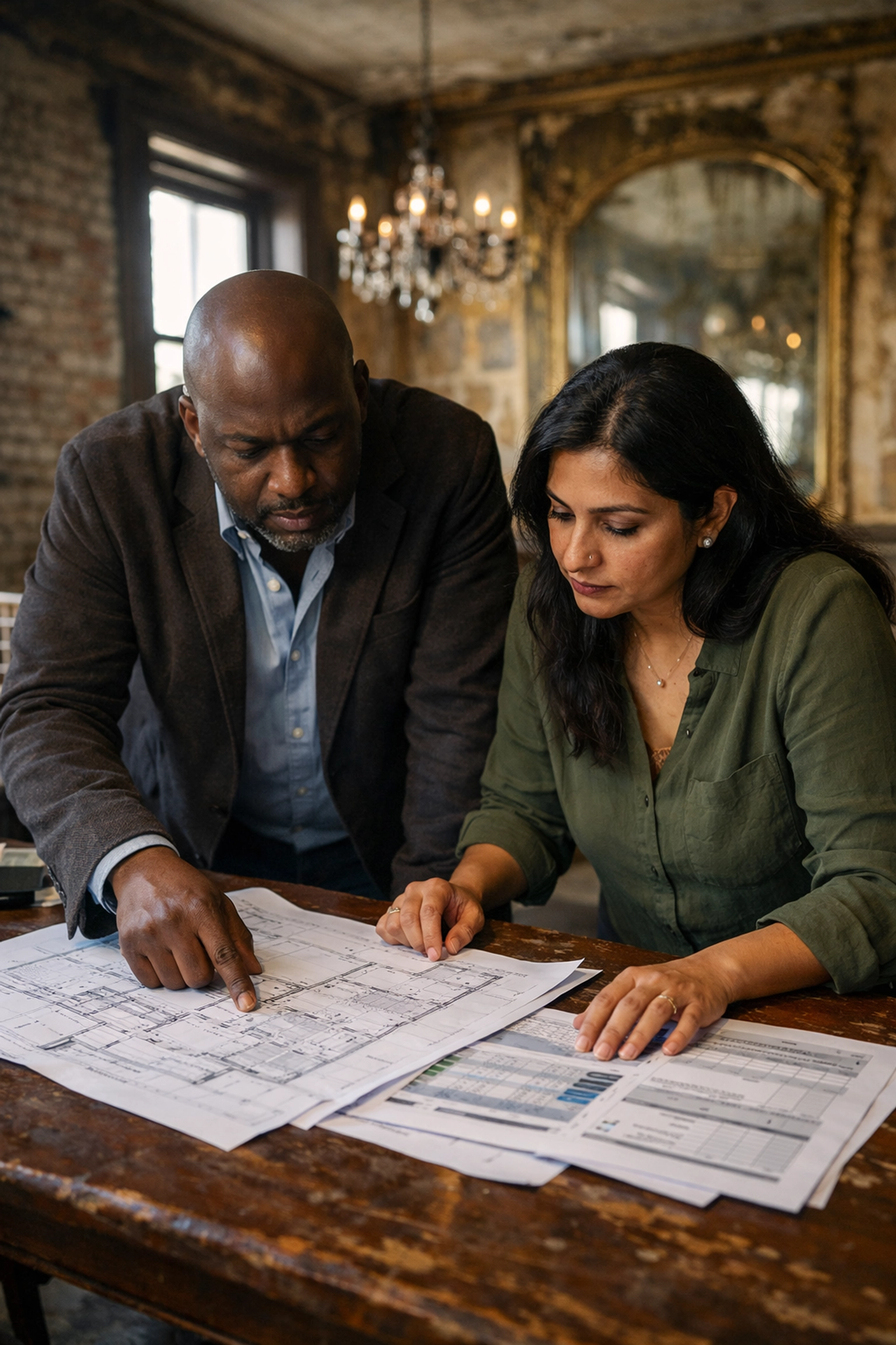 Restaurant consultant and owner reviewing feasibility plans in a historic San Francisco dining room.