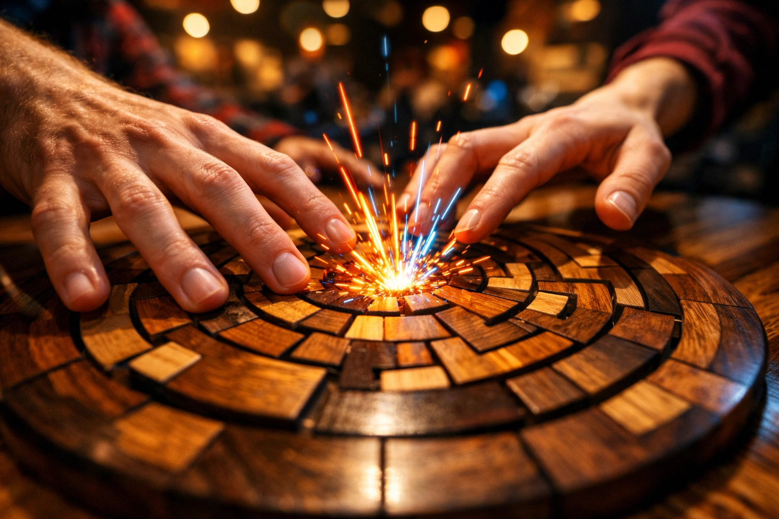 Close-up of hands competing to solve a circular wooden puzzle during a fast-paced competition.