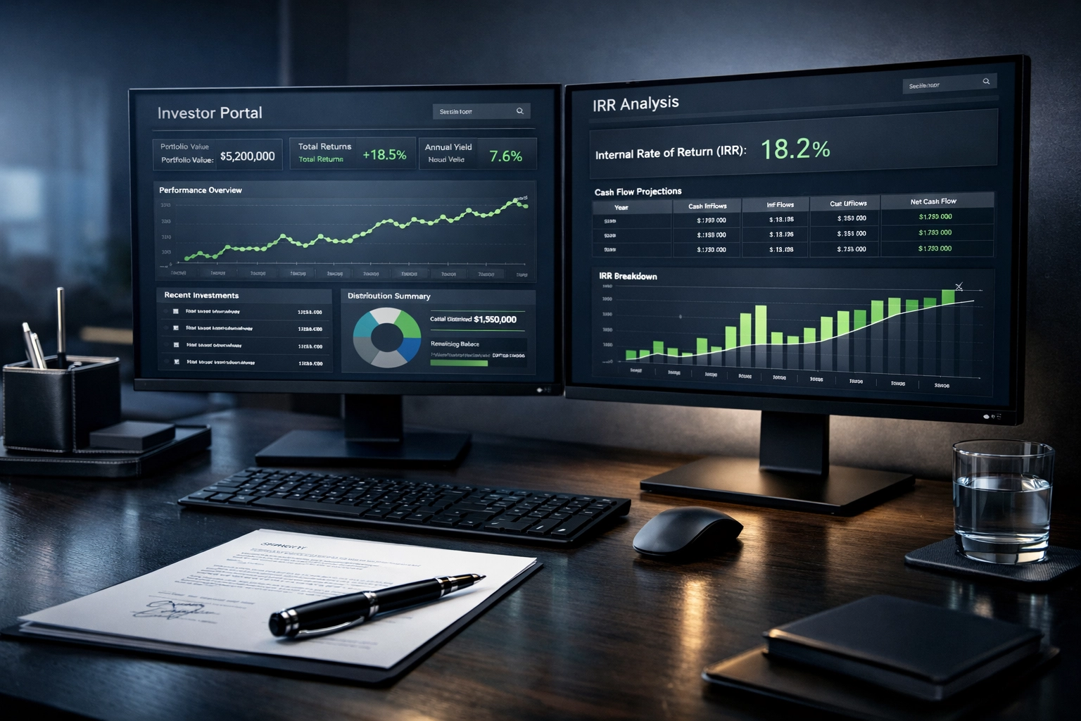 Dual monitor setup showing real-time investment portfolio dashboards and IRR performance analytics