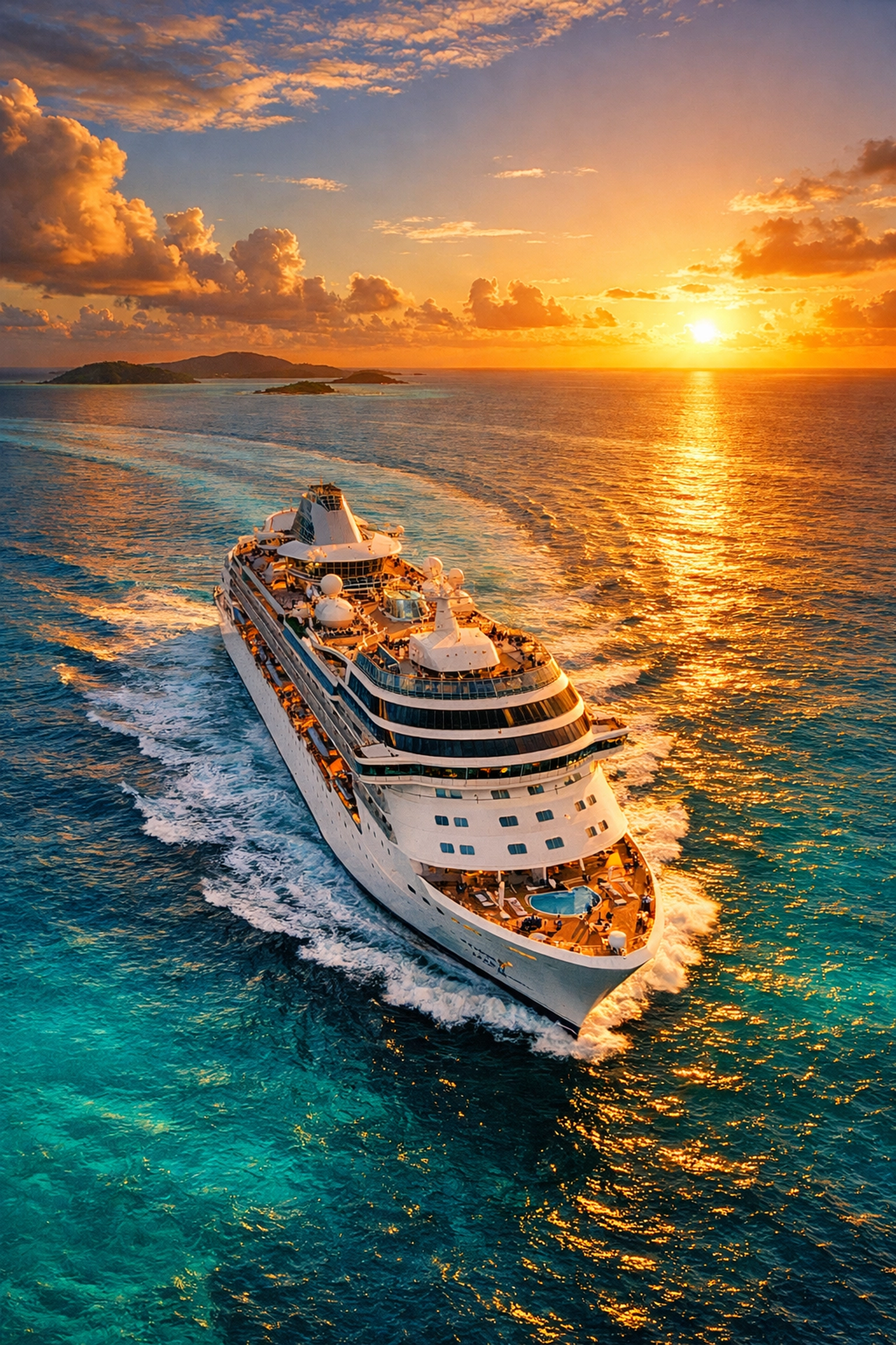 Luxury cruise ship sailing through turquoise Caribbean waters at sunset